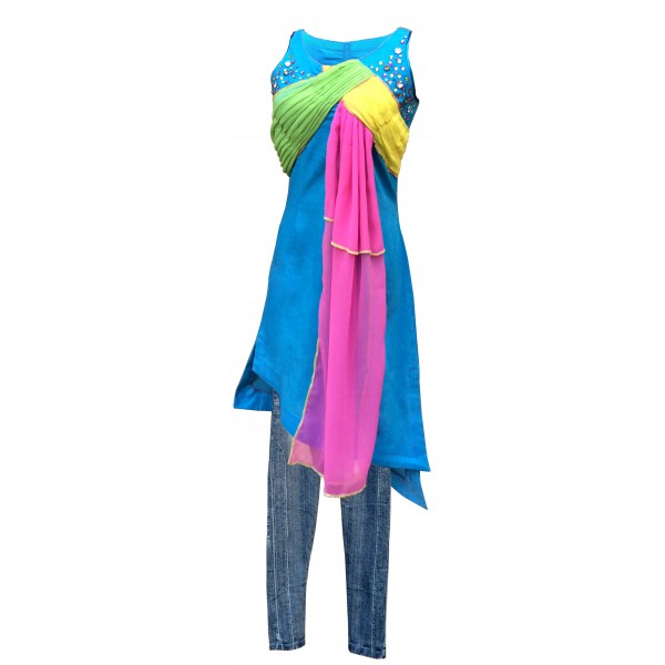 Blue Criss Cross shirt with Blue Jeans Tights